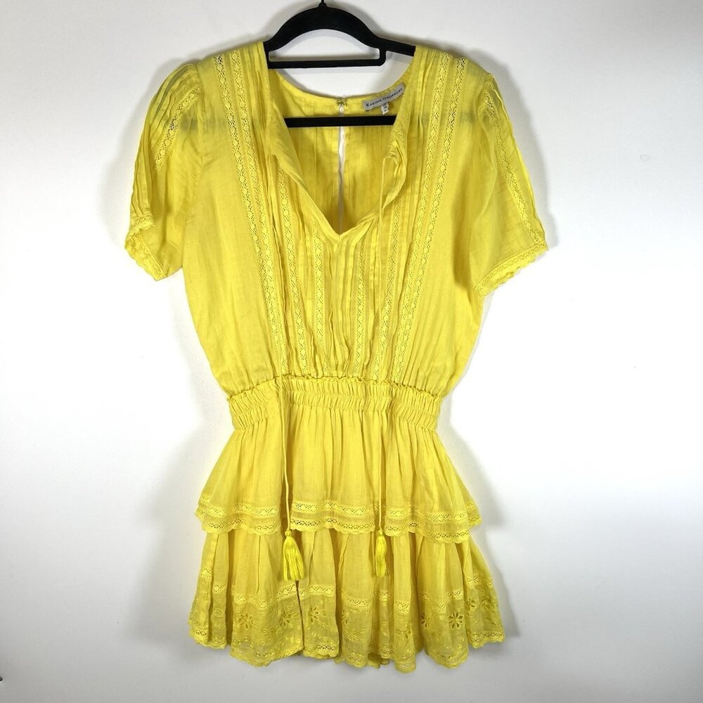 Karina Grimaldi Dress Women S Yellow Flutter Sleeve Tiered Ruffle‎ Tassel Mini